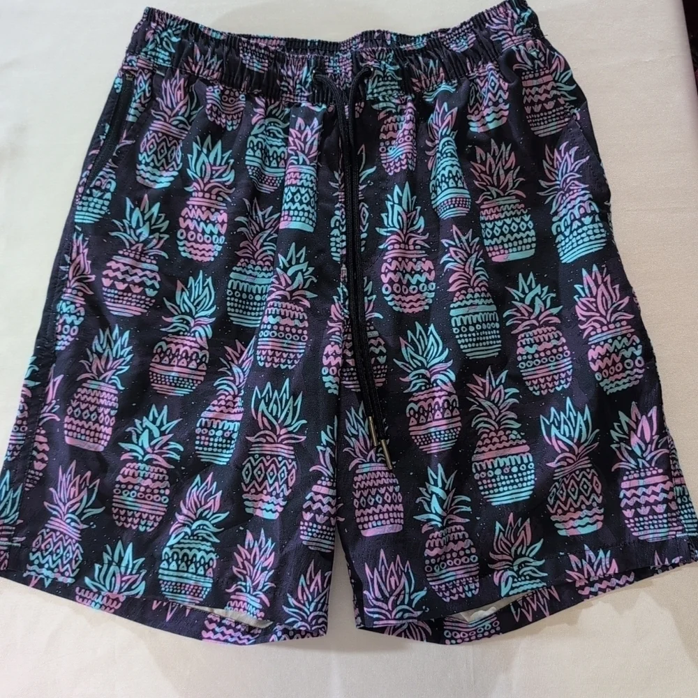 Goodfellow Mens Small Swim Trunk Shorts Blue Pineapple Mesh Lined Board Shorts